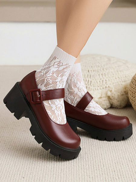 Academic Lolita Footwear Burgundy Round Toe PU Leather Lolita Pumps
