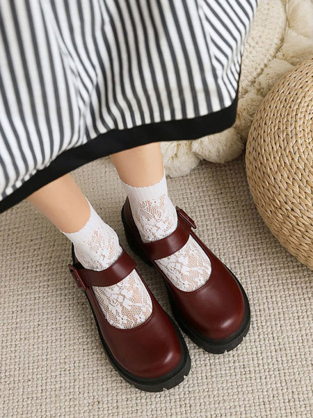 Academic Lolita Footwear Burgundy Round Toe PU Leather Lolita Pumps