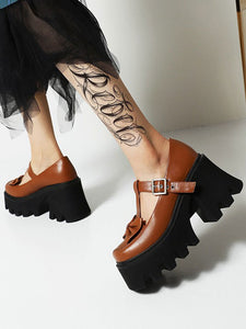 Academic Lolita Footwear Coffee Brown PU Leather Wedge Heel Lolita Shoes