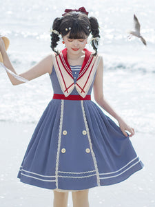 Academic Lolita JSK Dress Blue Gray Sleeveless Sailor Collar Bows Lace Up Polyester Daily Casual Lolita Jumper Skirts