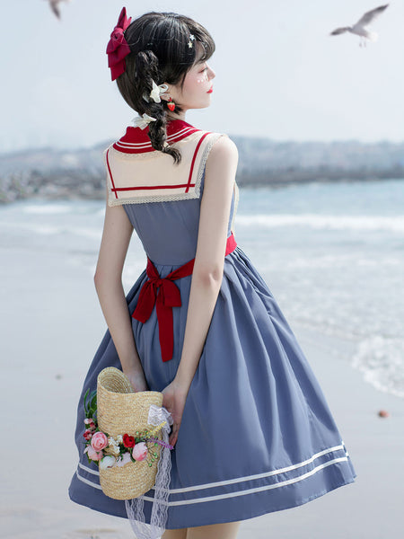Academic Lolita JSK Dress Blue Gray Sleeveless Sailor Collar Bows Lace Up Polyester Daily Casual Lolita Jumper Skirts