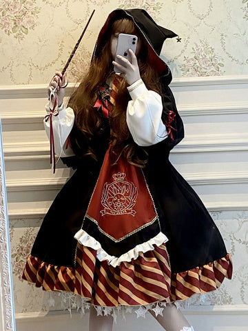 Academic Lolita OP Dress 2-Piece Set Black Lace Up Long Sleeve Lolita One Piece Dresses Cloak Mage Lolita Outfits
