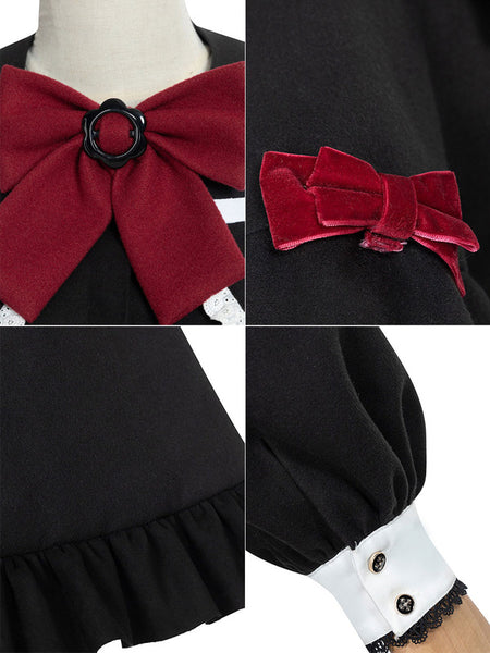Academic Lolita OP Dress 3-Piece Set Black Long Sleeves Lolita One Piece Dresses