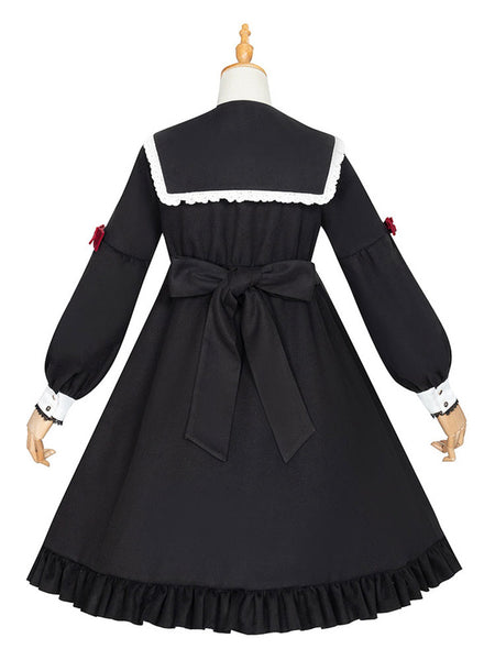 Academic Lolita OP Dress 3-Piece Set Black Long Sleeves Lolita One Piece Dresses