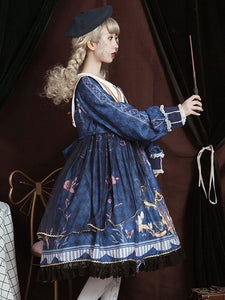 Academic Lolita OP Dress Blue Polyester Long Sleeve Bowkonts Lace Ruffles Sweet Lolita One Piece Dresses