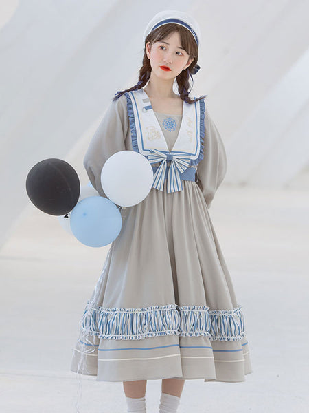 Academic Lolita OP Dress Light Gray Ruffles Bowknots Two-Tone Long Sleeves Sailor Collar Lolita One Piece Dresses