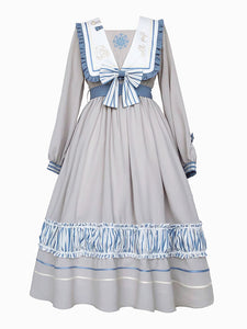 Academic Lolita OP Dress Light Gray Ruffles Bowknots Two-Tone Long Sleeves Sailor Collar Lolita One Piece Dresses