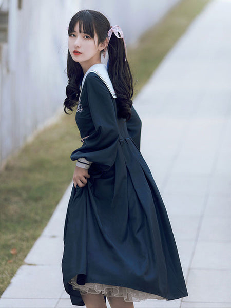 Academic Lolita OP Dress Navy Blue Collar Long Sleeves Polyester Uniformly Lolita One Piece Dresses