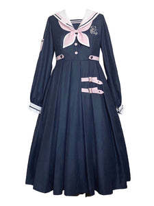 Academic Lolita OP Dress Navy Blue Collar Long Sleeves Polyester Uniformly Lolita One Piece Dresses