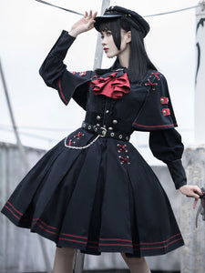 Academic Lolita Outfits Black Metal Details Lace Up Long Sleeves Cravat Shirt Military Lolita Sets