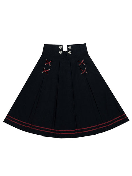 Academic Lolita Outfits Black Metal Details Lace Up Long Sleeves Cravat Shirt Military Lolita Sets