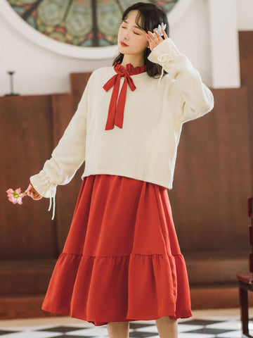Academic Lolita Outfits Red Long Sleeves Polyester Vintage Dress Overcoat Daily Casual Long Dress