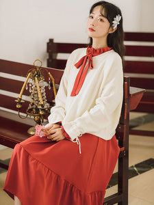 Academic Lolita Outfits Red Long Sleeves Polyester Vintage Dress Overcoat Daily Casual Long Dress