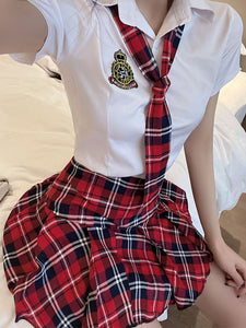 Academic Lolita Outfits White Shirt Red Plaid Pattern Skirt Tie 3-Piece Set Tiered Casual JK Clothing Lolita Dress Outfit
