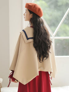 Academic Lolita Poncho Khaki Polyester Sailor Collar Fall Lolita Outwears