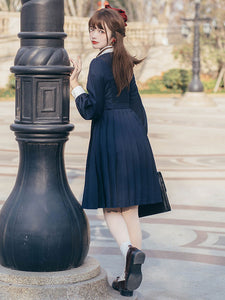 Academy Lolita OP Dress Long Sleeve Two-Tone Deep Blue Polyester Bowknot Sweet Lolita One Piece Dresses