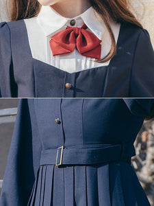 Academy Lolita OP Dress Long Sleeve Two-Tone Deep Blue Polyester Bowknot Sweet Lolita One Piece Dresses