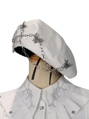 Army Lolita Hat White Fringe Accessory Stars Print PU Leather Lolita Accessories