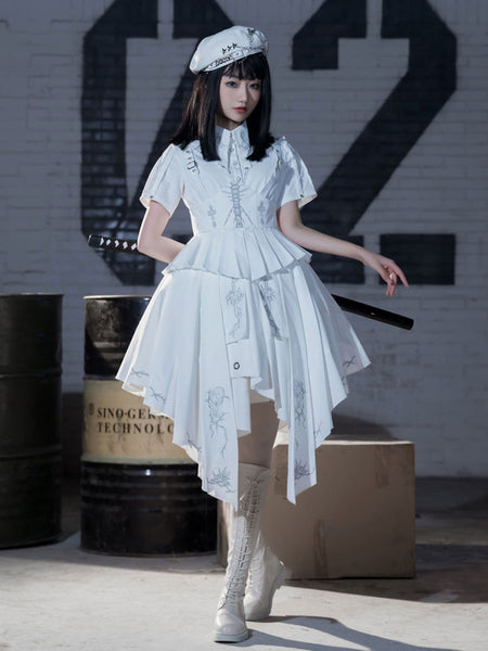 Army Lolita Hat White Fringe Accessory Stars Print PU Leather Lolita Accessories