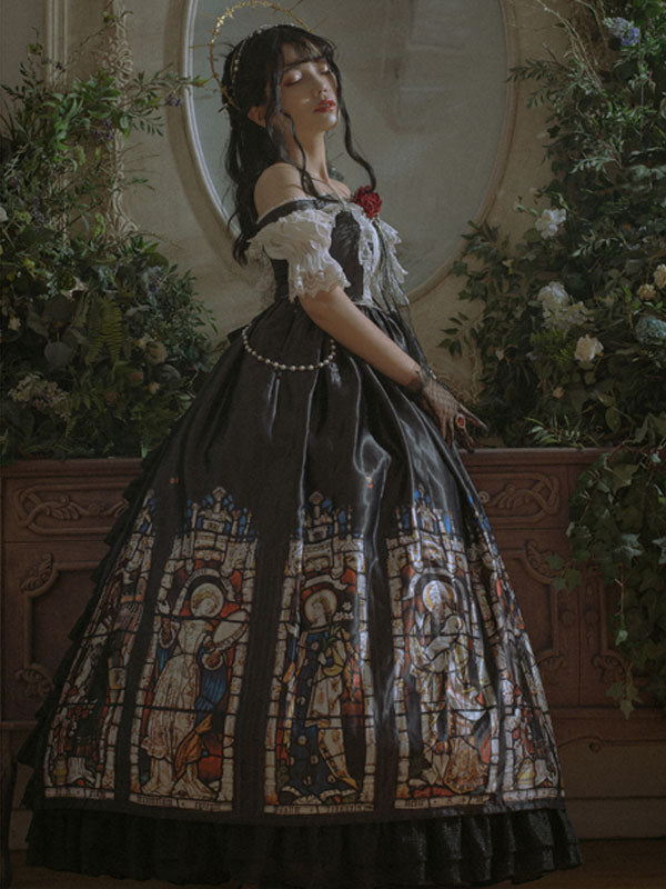 Black Gothic Lolita JSK Dress Neverland Floral Print Cascading Ruffles Bows Lolita Jumper Skirts