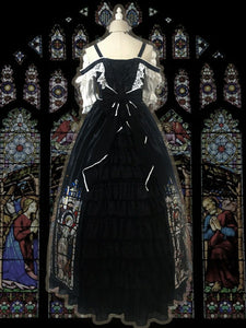 Black Gothic Lolita JSK Dress Neverland Floral Print Cascading Ruffles Bows Lolita Jumper Skirts