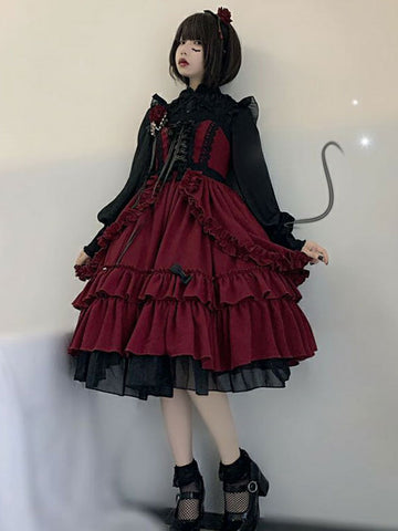 Black Gotic Lolita JSK Dress Neverland Burgundy Sleeveless Bows Cascading Ruffles Seven Deadly Sins Wrath Lolita Jumper Skirts