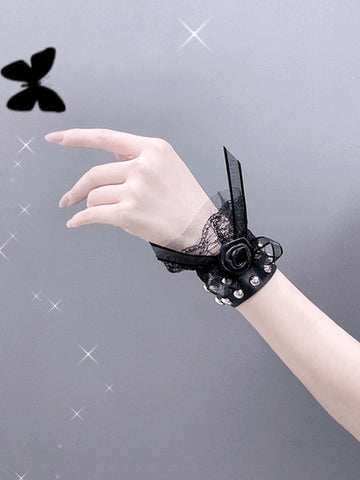 Black Lolita Bracelet Lace Rivets PU Leather Rose Pattern Lolita Accessories