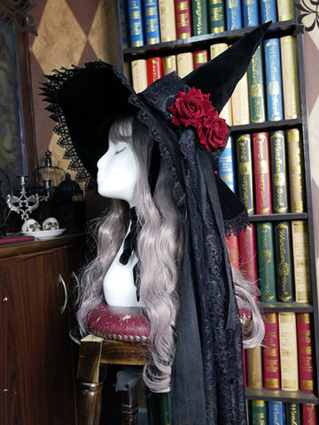 Black Lolita Hat Rose Bows Lace Accessory Witch Hat Lace Bow Polyester Lolita Accessories
