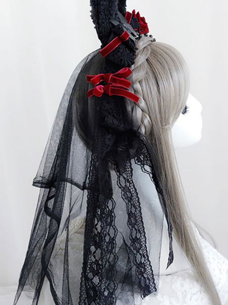 Black Lolita Headdress Polyester Fiber Chains Lace Bows Lace Bow Rabbit Ears Lolita Headband