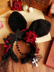 Black Lolita Headdress Polyester Fiber Chains Lace Bows Lace Bow Rabbit Ears Lolita Headband