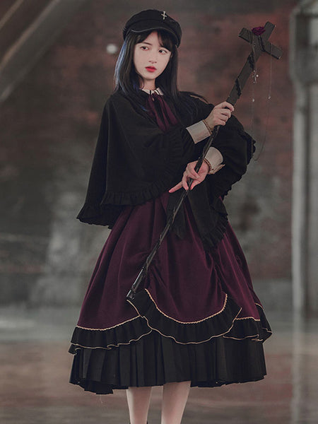 Black Lolita Poncho Polyester Embroidered Color Block Winter Lolita Outwears