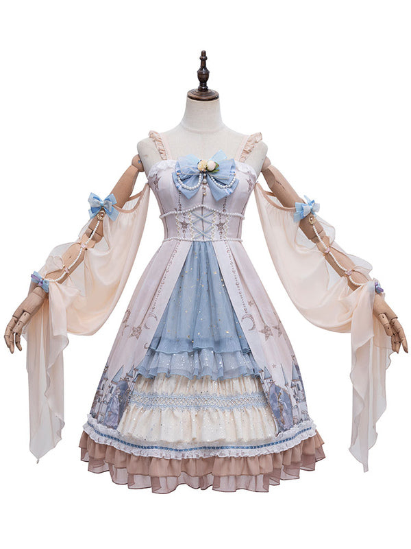 Blue Sweet Lolita JSK Dress Nude Sleeveless Flowers Tiered Lolita Jumper Skirts
