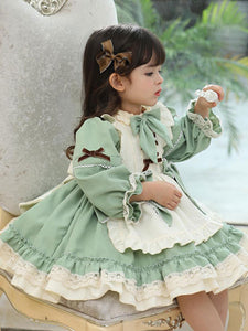 Children's Sweet Lolita Dress Green Ruffles Polyester Long Sleeve Kids One Piece Dress