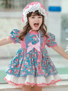 Children's Sweet Lolita Dress Headwear Blue Ruffles Polyester Long Sleeve Flora Printed Kids One Piece Dress