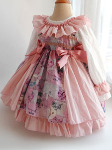 Children's Sweet Lolita Dress Headwear Pink Ruffles Polyester Long Sleeve Bow Kids One Piece Dress Hat