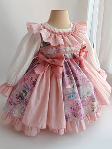 Children's Sweet Lolita Dress Headwear Pink Ruffles Polyester Long Sleeve Bow Kids One Piece Dress Hat