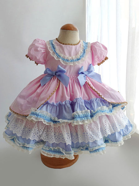Children's Sweet Lolita Dress Headwear Pink Short Sleeve Blue Bow Ruffles Polyester Kids Princess One Piece Dress