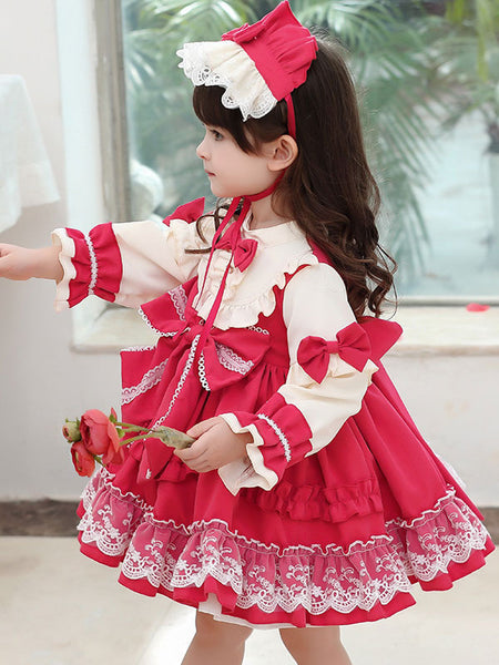 Children's Sweet Lolita Dress Headwear Red Bows Polyester Lace Long Sleeve Kids One Piece Princess Dress