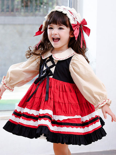 Children's Sweet Lolita Dress Headwear Red Bows Ruffles Polyester Long Sleeve Kids One Piece Dress