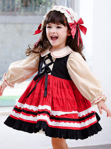 Children's Sweet Lolita Dress Headwear Red Bows Ruffles Polyester Long Sleeve Kids One Piece Dress