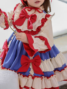 Children's Sweet Lolita Dress Headwear White Ruffles Polyester Long Sleeve Red Bow Kids One Piece Dress