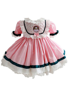 Children's Sweet Lolita Dress Pink Ruffles Polyester Short Sleeve Kids Princess One Piece Dress