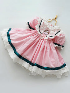 Children's Sweet Lolita Dress Pink Ruffles Polyester Short Sleeve Kids Princess One Piece Dress