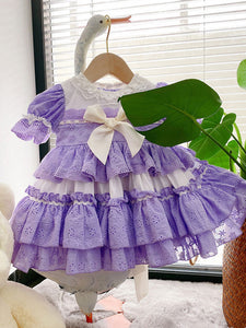 Children's Sweet Lolita Dress Violet Blue Bows Polyester Short Sleeve Kids Princess One Piece Dress