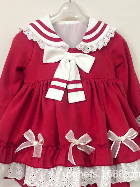 Children's Sweet Lolita Pink Ruffles Polyester Sailor Collar Long Sleeve Kids One Piece Dress
