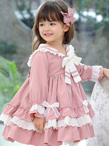 Children's Sweet Lolita Pink Ruffles Polyester Sailor Collar Long Sleeve Kids One Piece Dress
