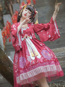 Chinese Lolita JSK Dress Neverland Burgundy Sleeveless Floral Print Pattern Fringe Sweet Lolita Jumper Skirts