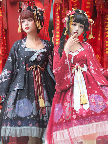 Chinese Lolita JSK Dress Neverland Burgundy Sleeveless Floral Print Pattern Fringe Sweet Lolita Jumper Skirts