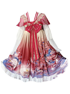 Chinese Lolita OP Dress Polyester Long Sleeves Red Chinese Style Lolita One Piece Dress