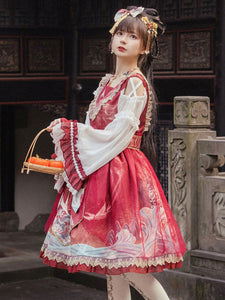 Chinese Lolita OP Dress Red Sleeveless Ruffles Lace Polyester Sweet Lolita One Piece Skirts